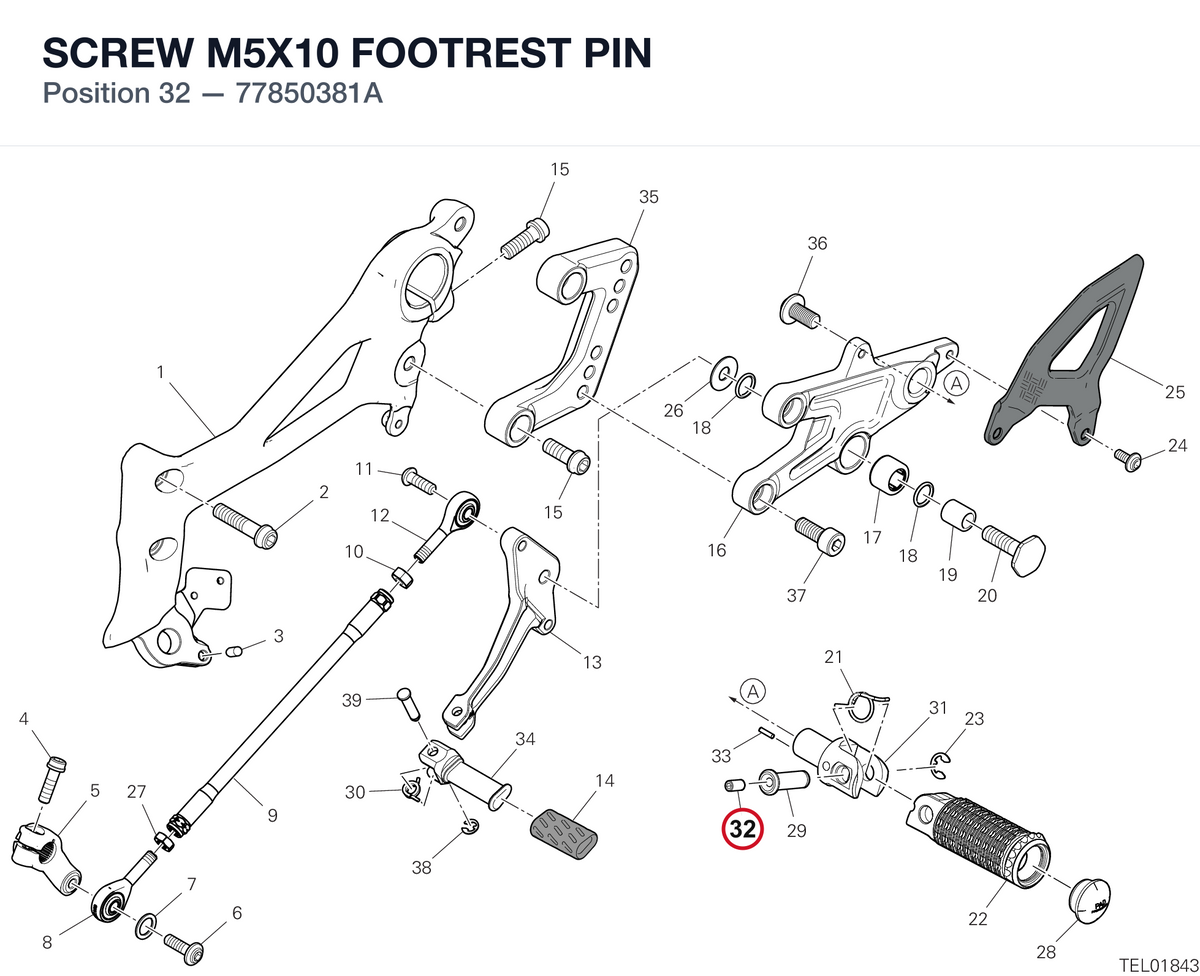 SCREW M5X10 FOOTREST PIN 77850381A diagram position