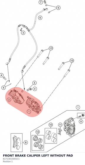 Diagram preview: FRONT BRAKE CALIPER LEFT WITHOUT PAD (61713015001C1)