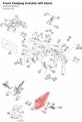 Diagram preview: Front footpeg bracket left black (63603038000C1)