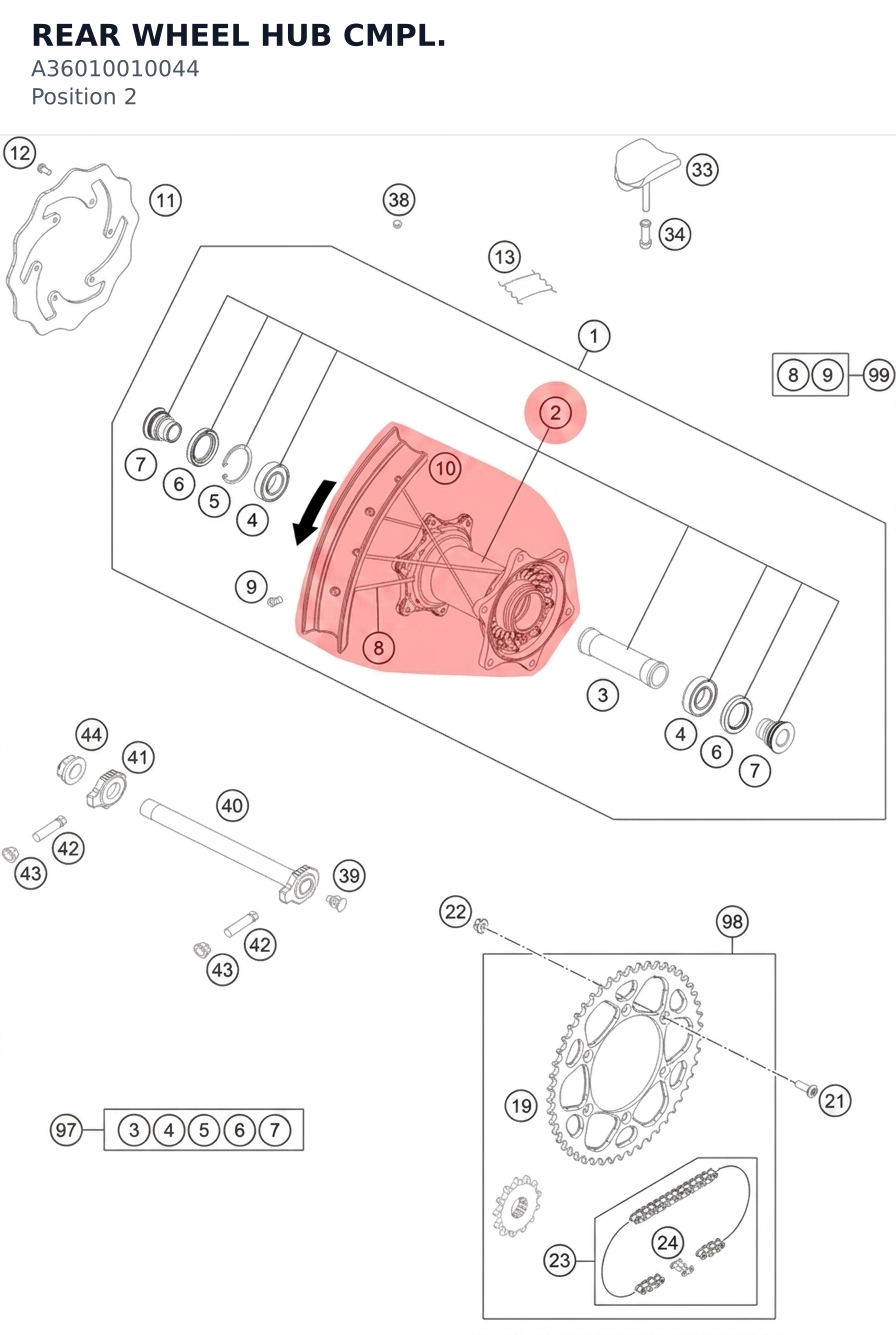 Diagram preview: REAR WHEEL HUB CMPL. (A36010010044)
