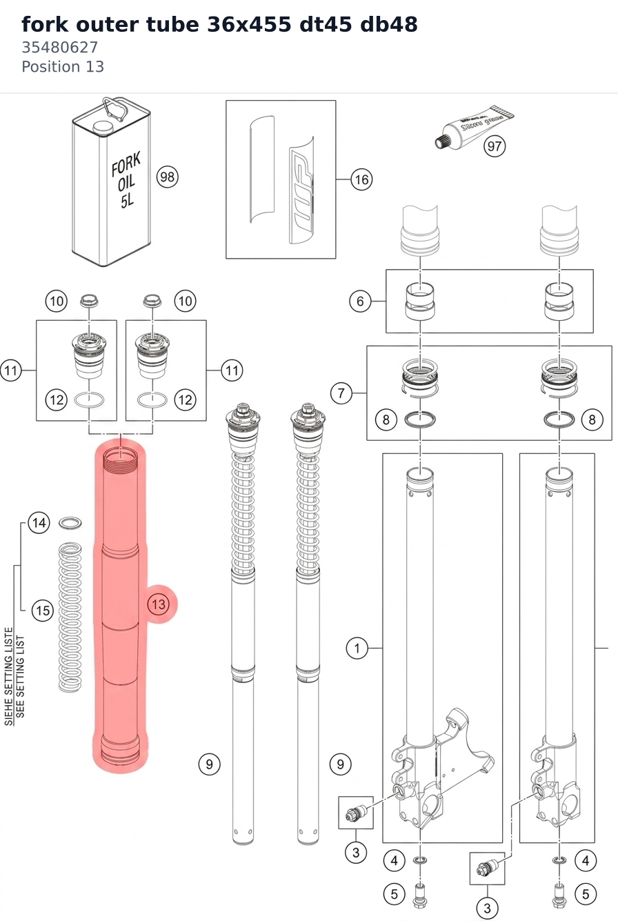 Diagram preview: fork outer tube 36x455 dt45 db48 (35480627)