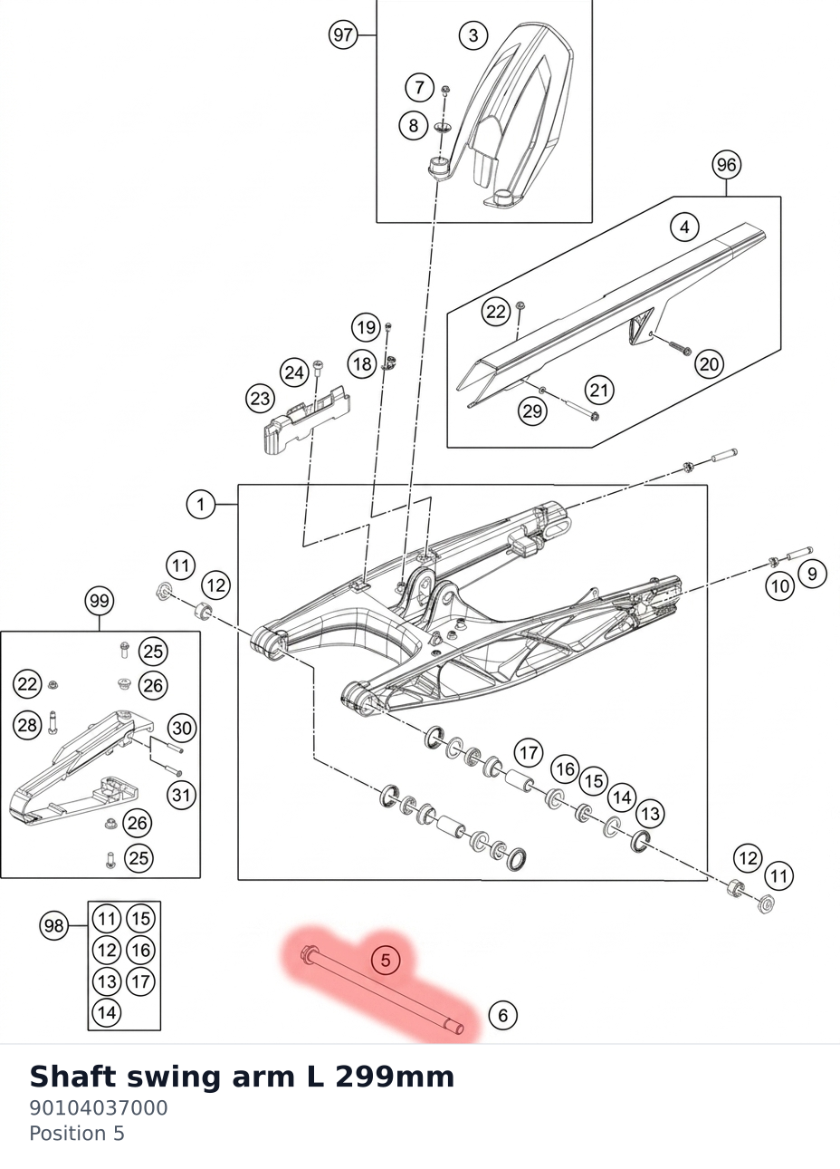 Diagram preview: Shaft swing arm L 299mm (90104037000)
