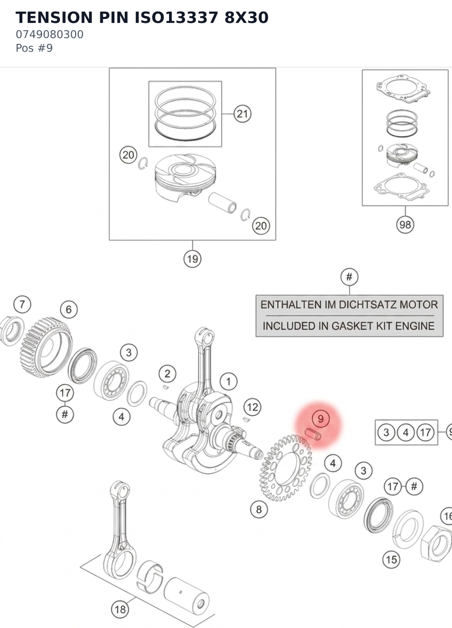 Diagram preview: TENSION PIN ISO13337 8X30 (0749080300)