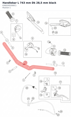 Diagram preview: Handlebar L 743 mm Dk  28,5 mm black (63602001000C1)