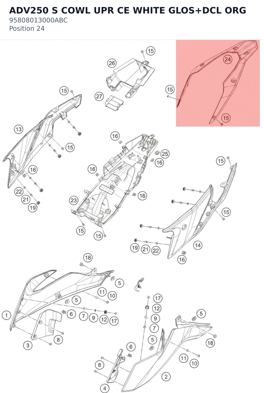 Diagram preview: ADV250 S COWL UPR CE WHITE GLOS+DCL ORG (95808013000ABC)