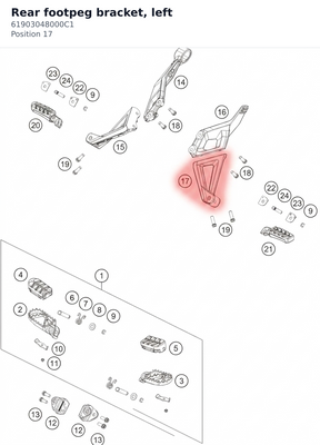 Diagram preview: Rear footpeg bracket, left (61903048000C1)