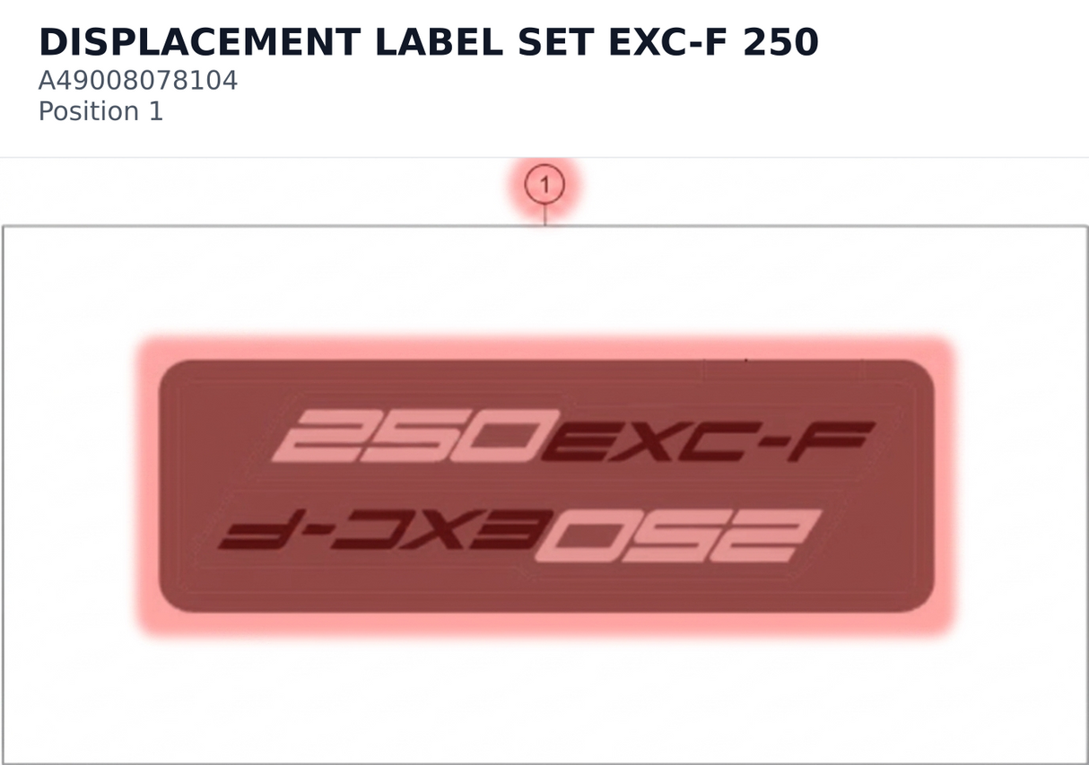Diagram preview: DISPLACEMENT LABEL SET EXC-F 250 (A49008078104)