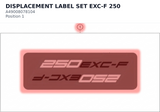 Diagram preview: DISPLACEMENT LABEL SET EXC-F 250 (A49008078104)