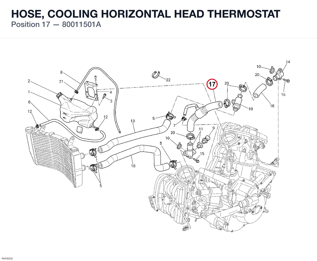 HOSE, COOLING HORIZONTAL HEAD THERMOSTAT 80011501A diagram position