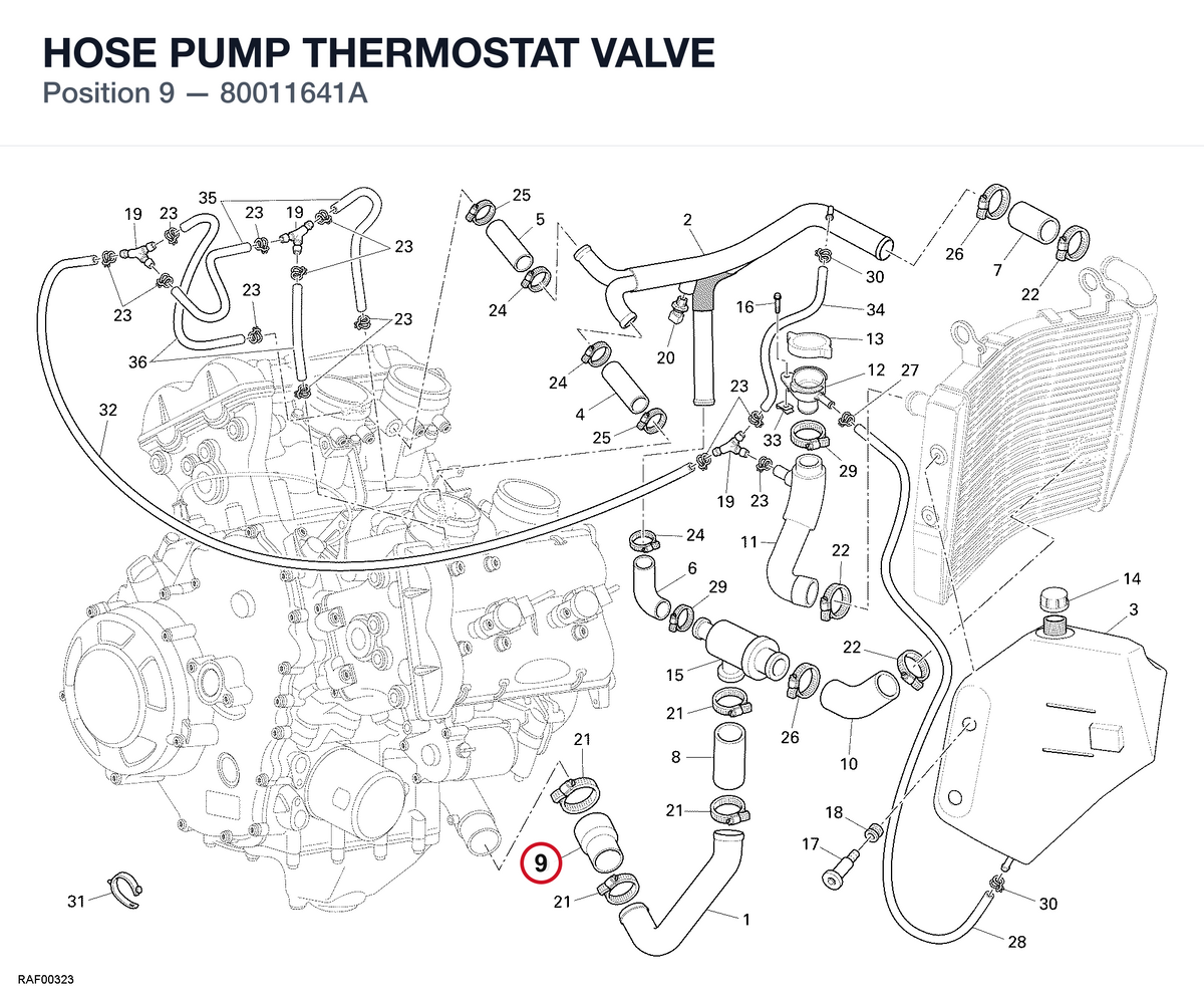 HOSE PUMP THERMOSTAT VALVE 80011641A diagram position