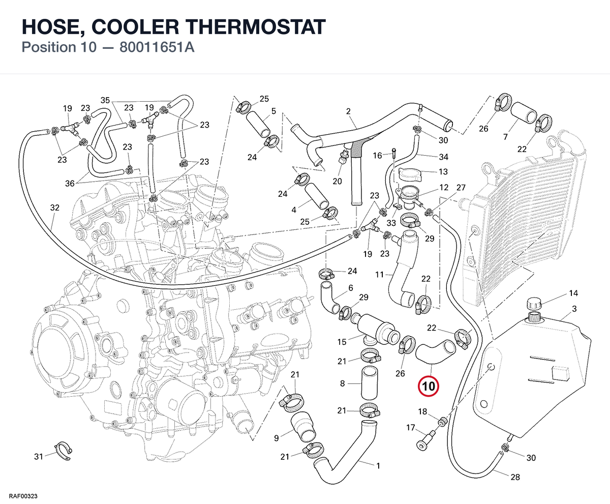 HOSE, COOLER THERMOSTAT 80011651A diagram position