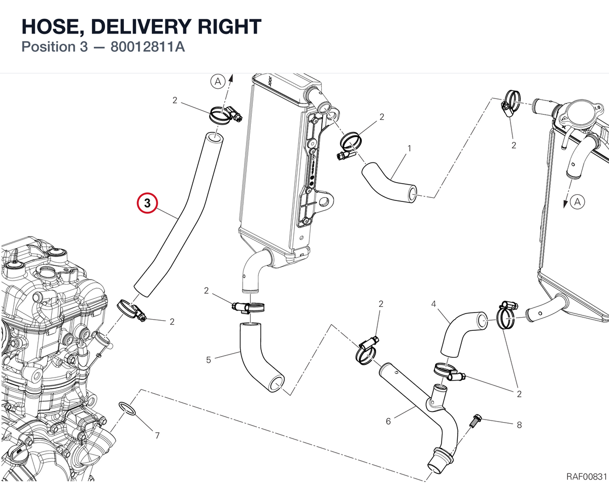 HOSE, DELIVERY RIGHT 80012811A diagram position