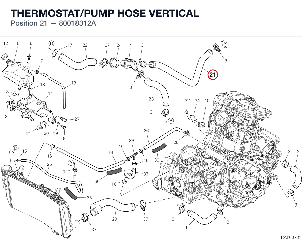 THERMOSTAT/PUMP HOSE VERTICAL 80018312A diagram position