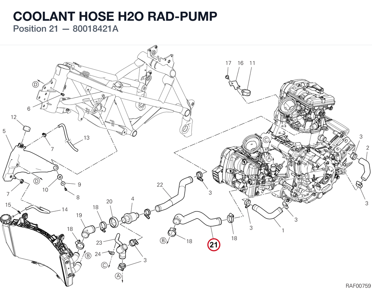 COOLANT HOSE H2O RAD-PUMP 80018421A diagram position
