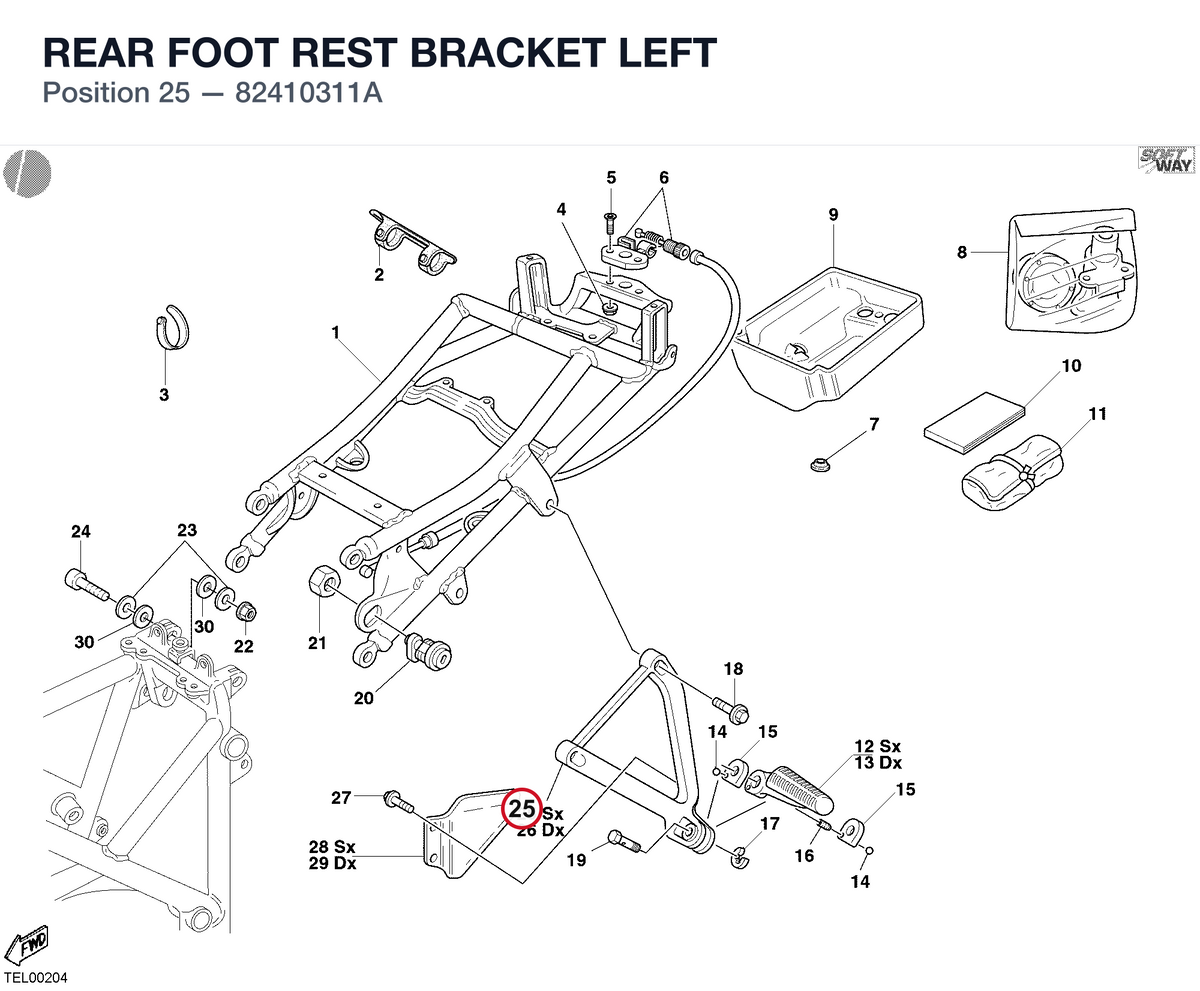 REAR FOOT REST BRACKET LEFT 82410311A diagram position