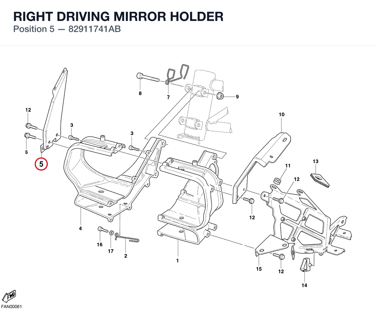 RIGHT DRIVING MIRROR HOLDER 82911741AB diagram position