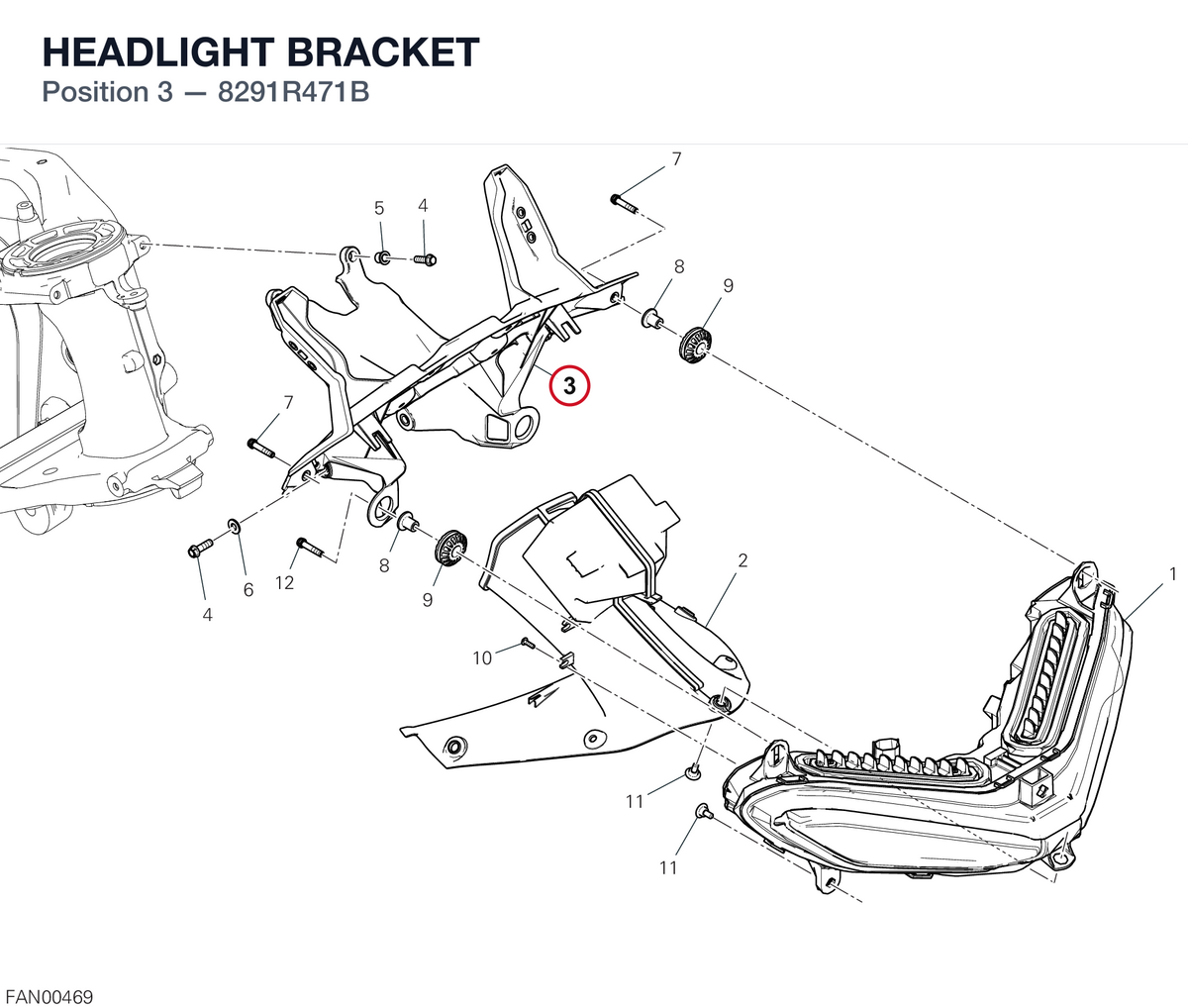 HEADLIGHT BRACKET 8291R471B diagram position