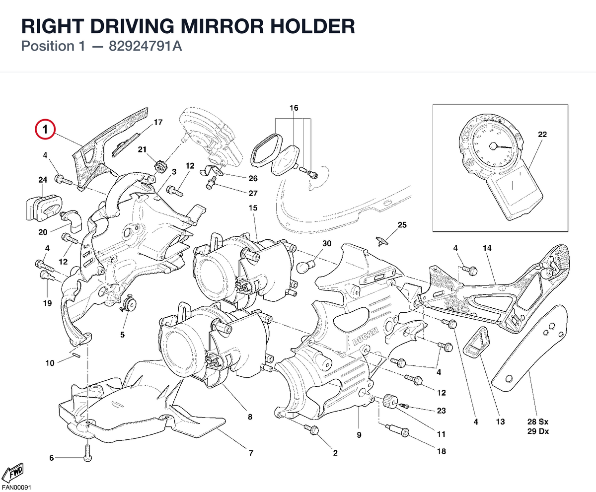 RIGHT DRIVING MIRROR HOLDER 82924791A diagram position