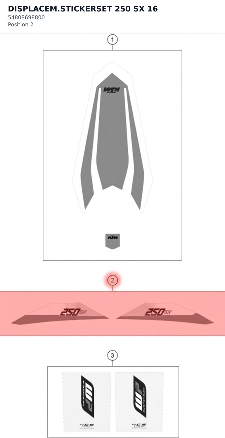 Diagram preview: DISPLACEM.STICKERSET 250 SX 16 (54808698800)