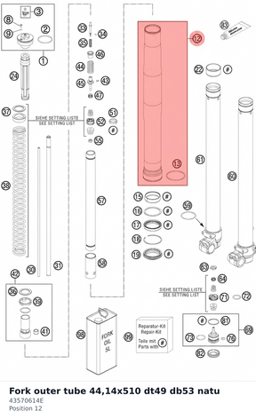 Diagram preview: Fork outer tube 44,14x510 dt49 db53 natu (43570614E)