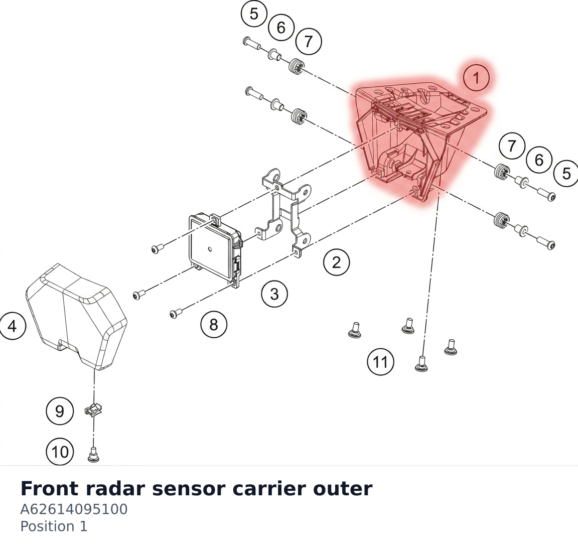 Diagram preview: Front radar sensor carrier outer (A62614095100)