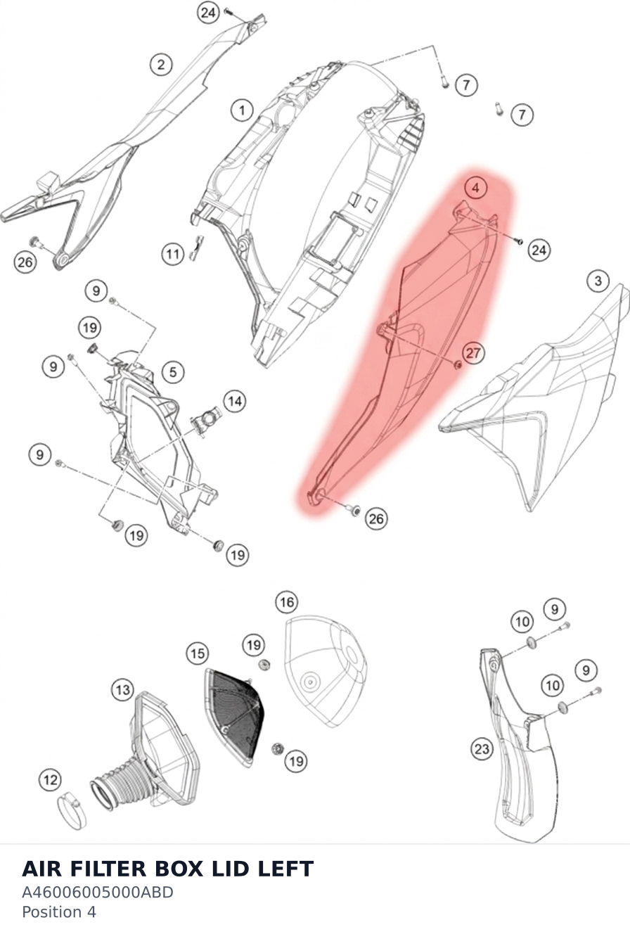 Diagram preview: AIR FILTER BOX LID LEFT (A46006005000ABD)