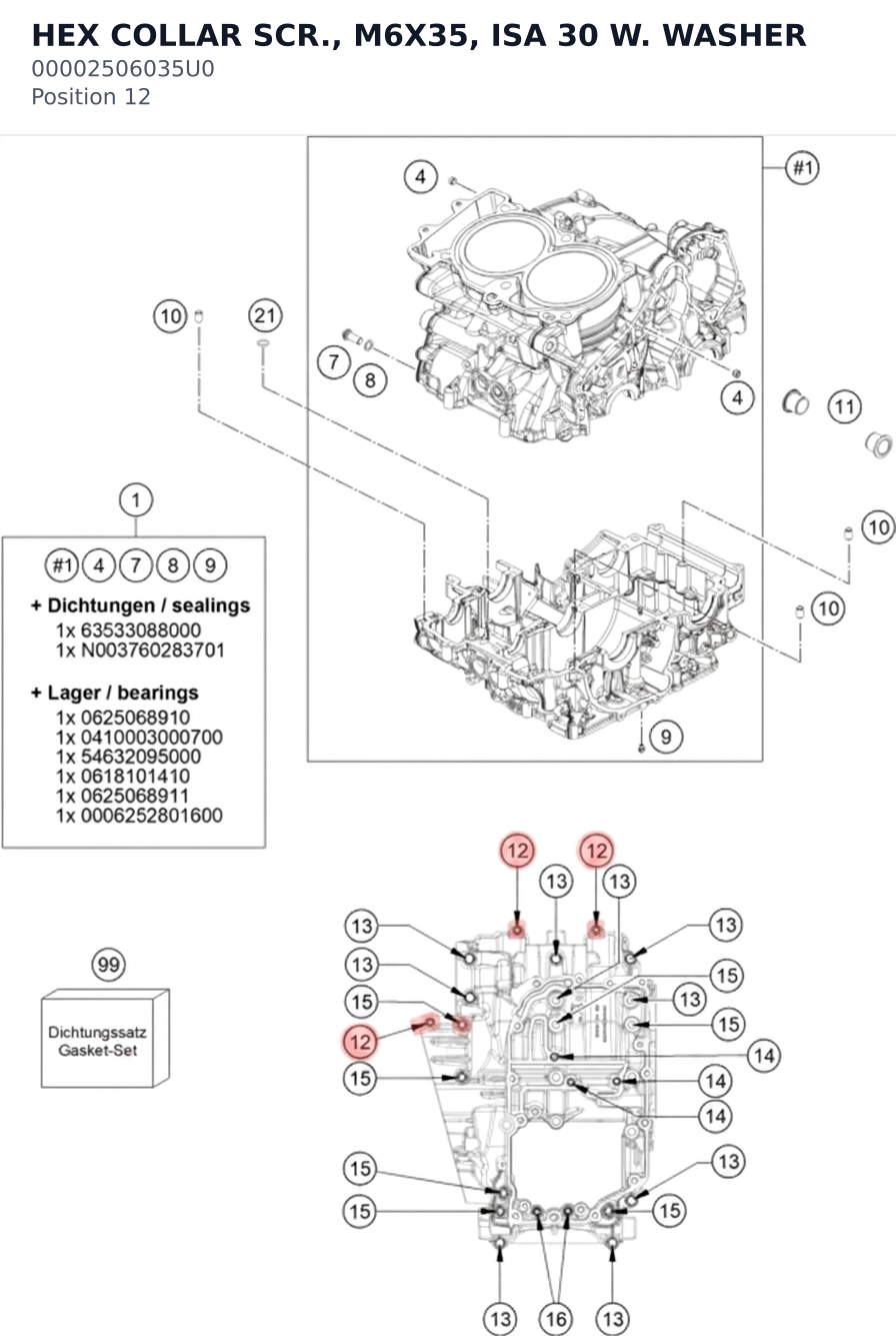 Diagram preview: HEX COLLAR SCR., M6X35, ISA 30 W. WASHER (00002506035U0)