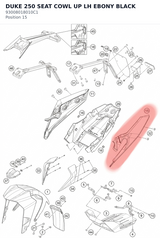 Diagram preview: DUKE 250 SEAT COWL UP LH EBONY BLACK (93008018010C1)