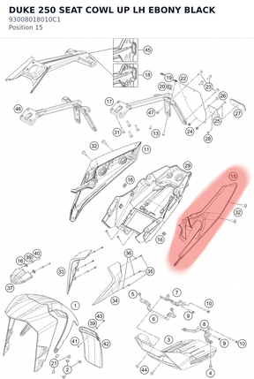 Diagram preview: DUKE 250 SEAT COWL UP LH EBONY BLACK (93008018010C1)