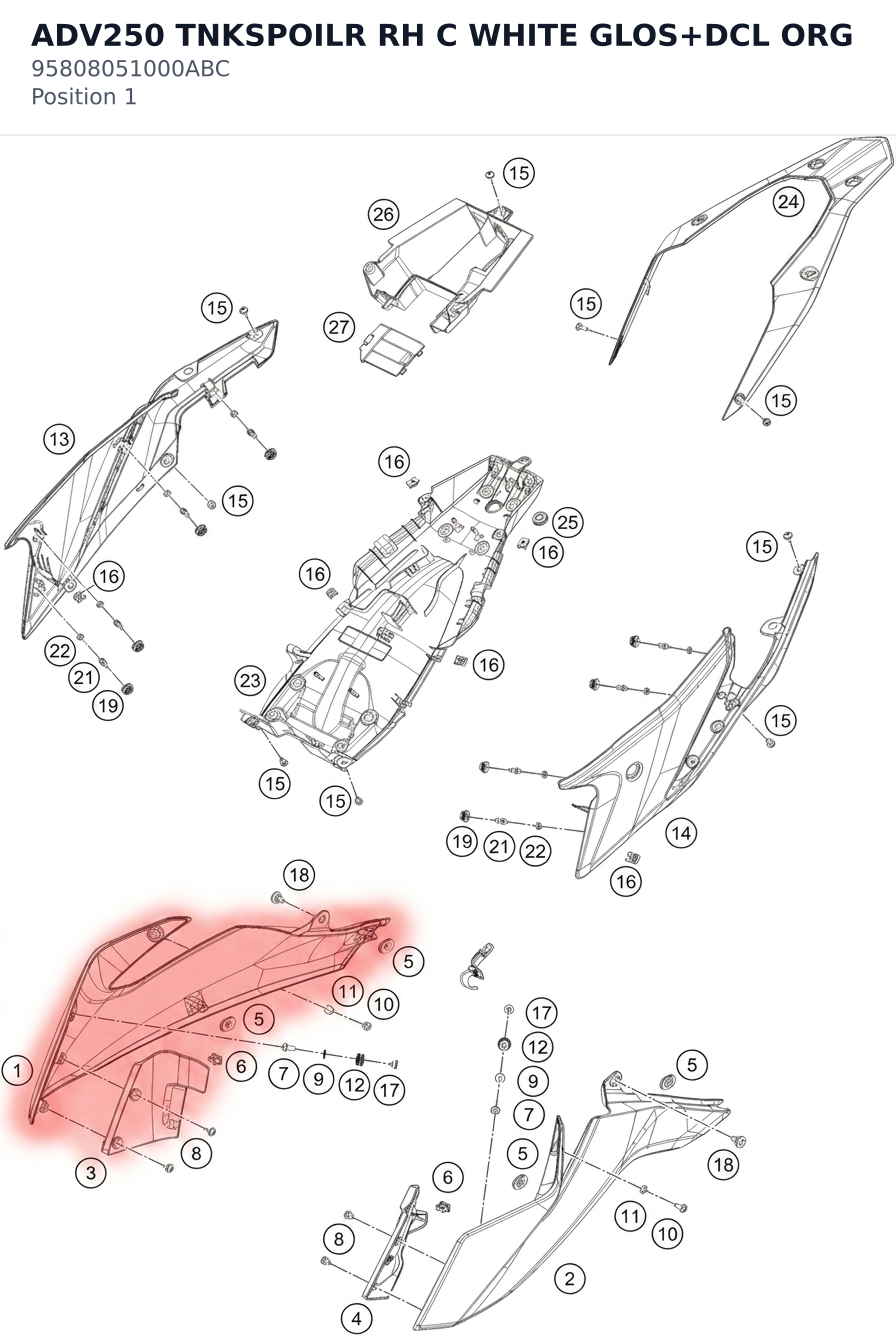 Diagram preview: ADV250 TNKSPOILR RH C WHITE GLOS+DCL ORG (95808051000ABC)