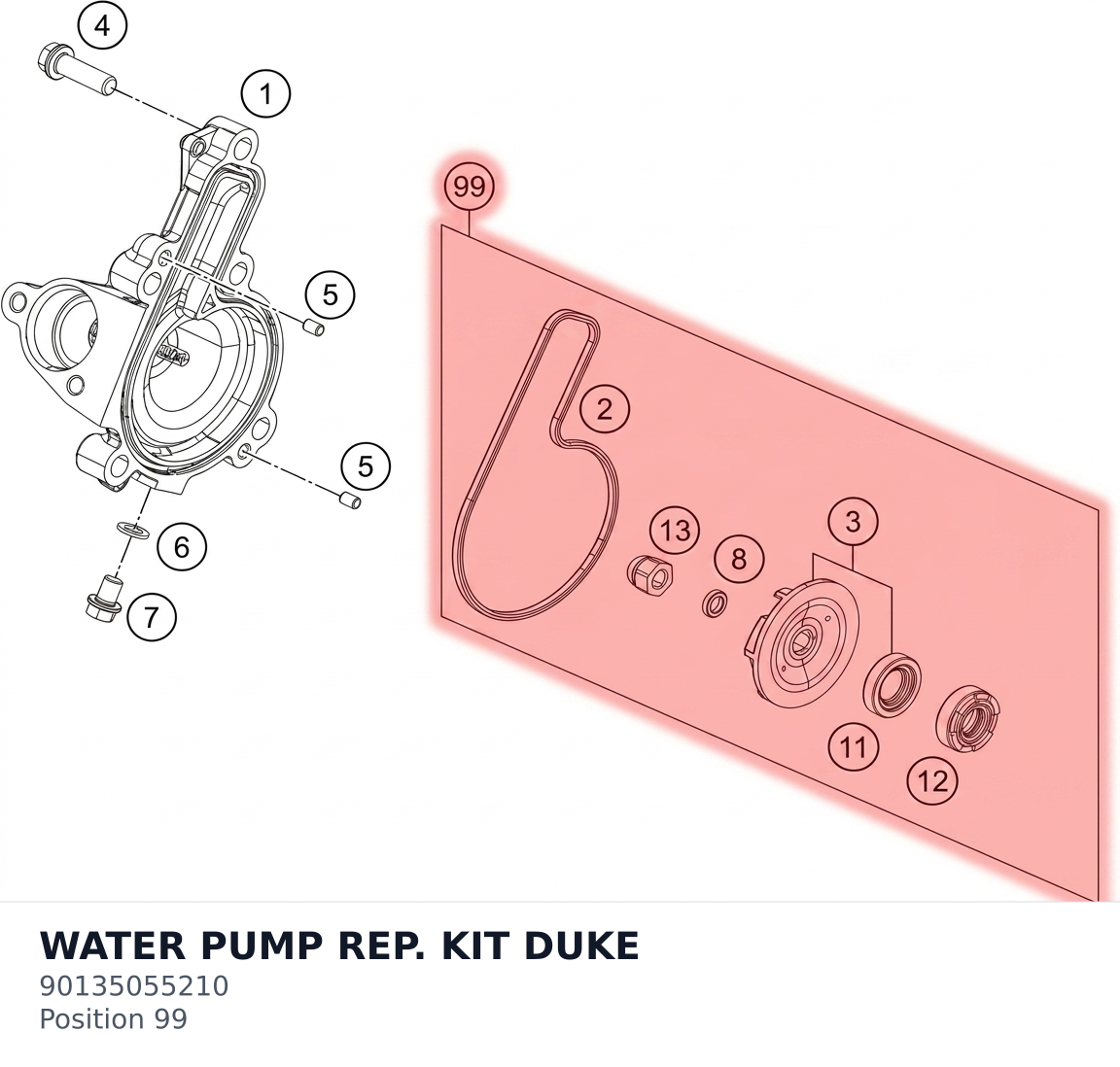Diagram preview: WATER PUMP REP. KIT DUKE (90135055210)