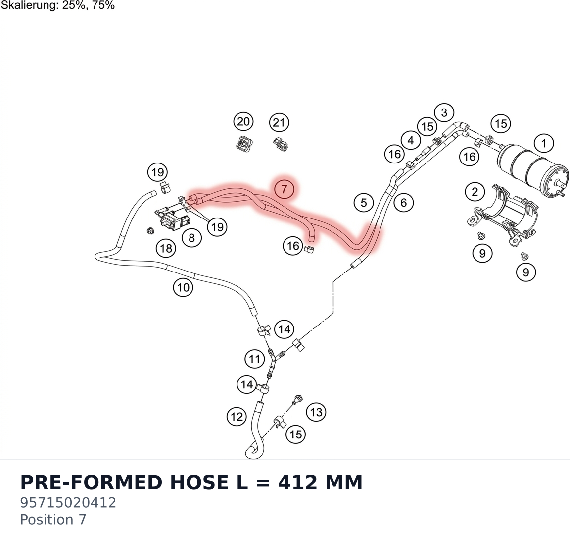Diagram preview: PRE-FORMED HOSE L = 412 MM (95715020412)