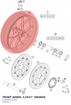 Diagram preview: FRONT WHEEL 3,5X17'' ORANGE (61309001144EB)