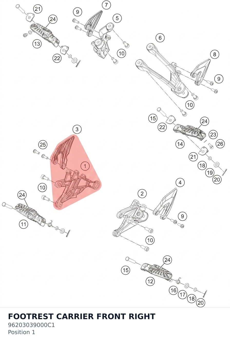 Diagram preview: FOOTREST CARRIER FRONT RIGHT (96203039000C1)