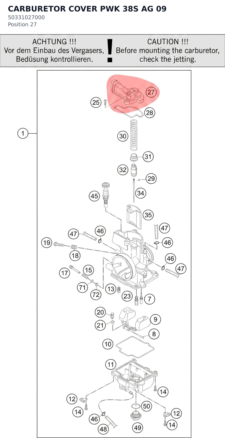 Diagram preview: CARBURETOR COVER PWK 38S AG 09 (50331027000)