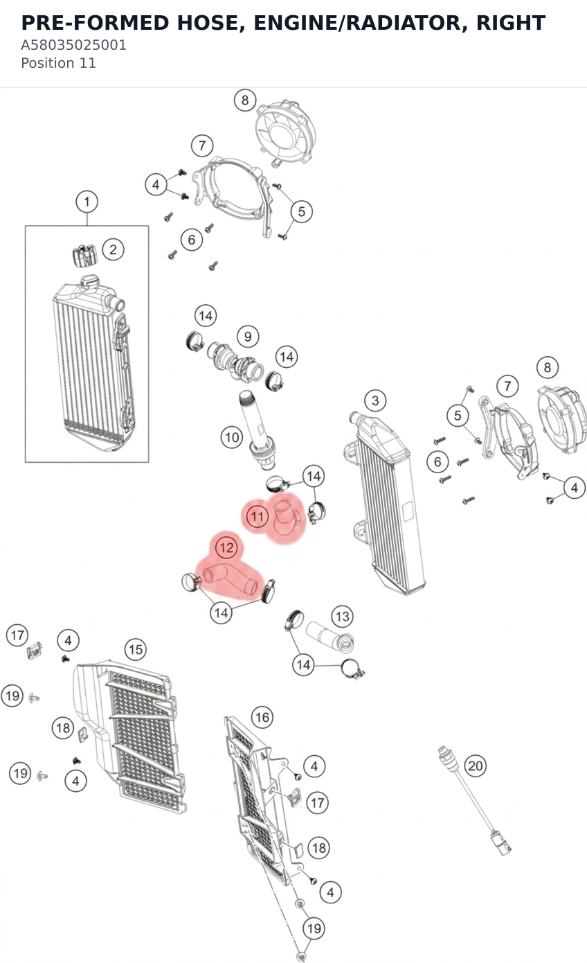 Diagram preview: PRE-FORMED HOSE, ENGINE/RADIATOR, RIGHT (A58035025001)