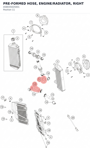 Diagram preview: PRE-FORMED HOSE, ENGINE/RADIATOR, RIGHT (A58035025001)