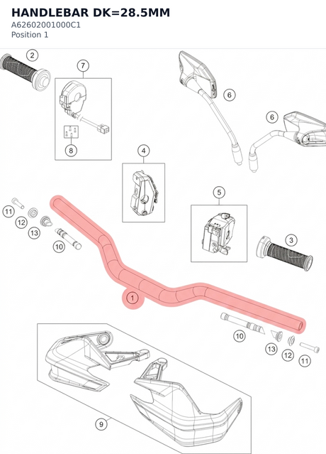 Diagram preview: HANDLEBAR DK=28.5MM (A62602001000C1)