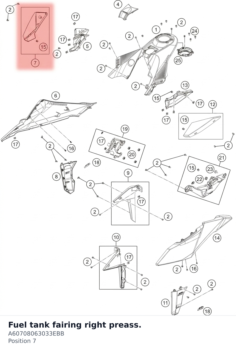 Diagram preview: Fuel tank fairing right preass. (A60708063033EBB)