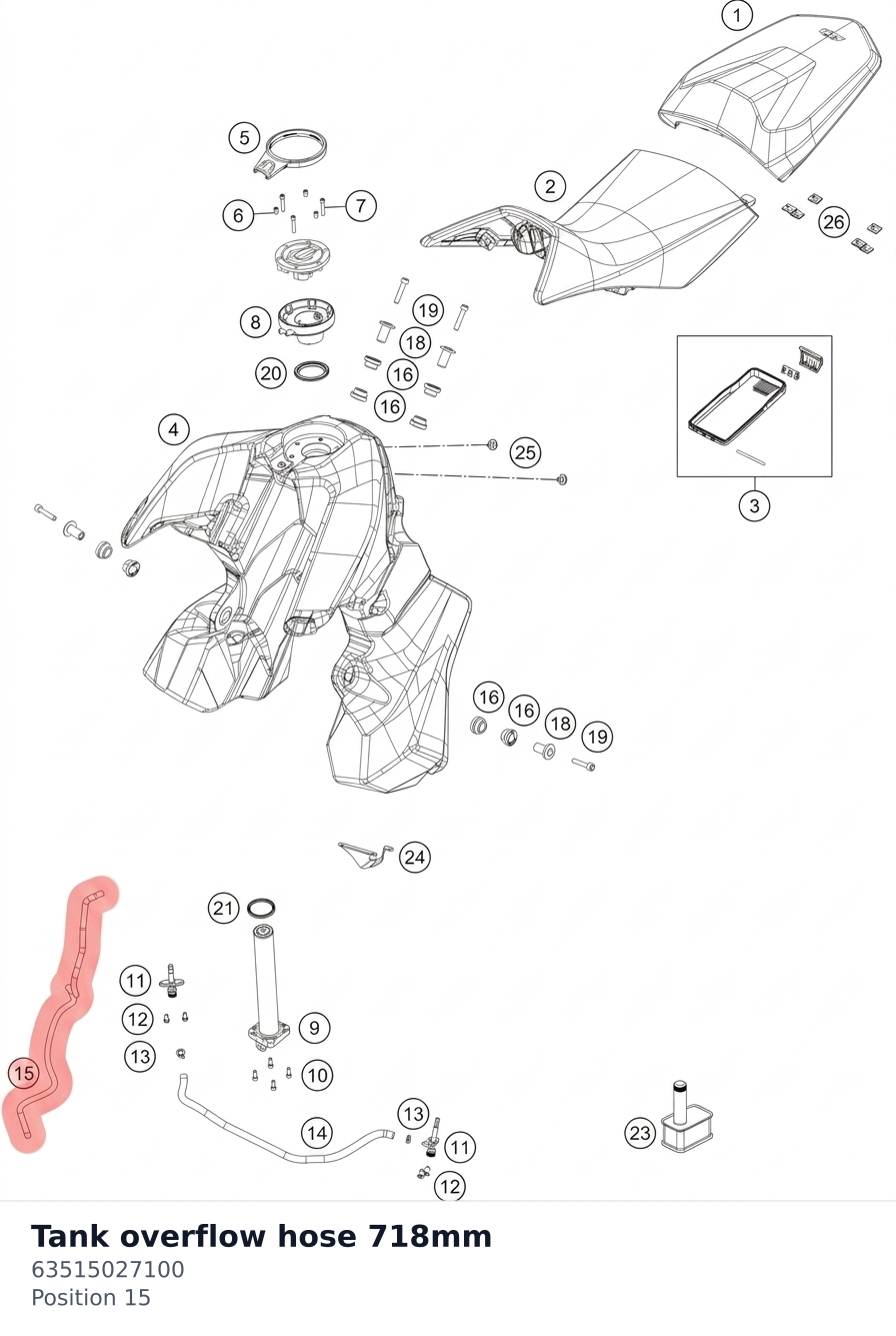 Diagram preview: Tank overflow hose 718mm (63515027100)