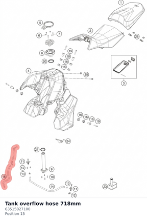 Diagram preview: Tank overflow hose 718mm (63515027100)