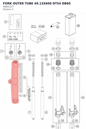 Diagram preview: FORK OUTER TUBE 49.13X600 DT54 DB60 (48602217)