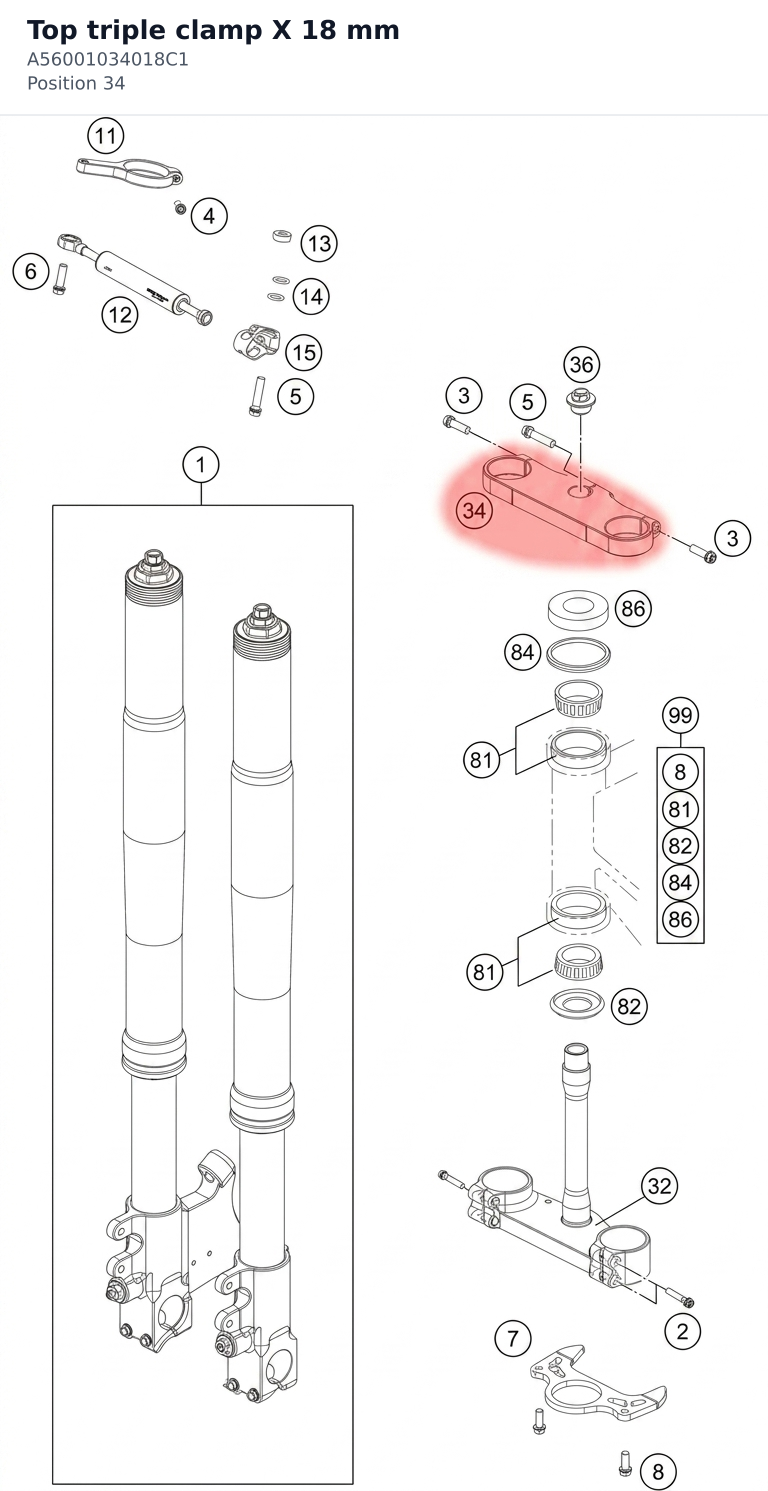 Diagram preview: Top triple clamp X 18 mm (A56001034018C1)