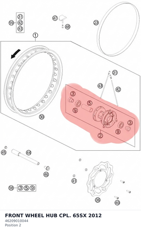 Diagram preview: FRONT WHEEL HUB CPL. 65SX 2012 (46209010044)