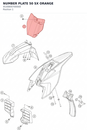 Diagram preview: NUMBER PLATE 50 SX ORANGE (45308007000EB)
