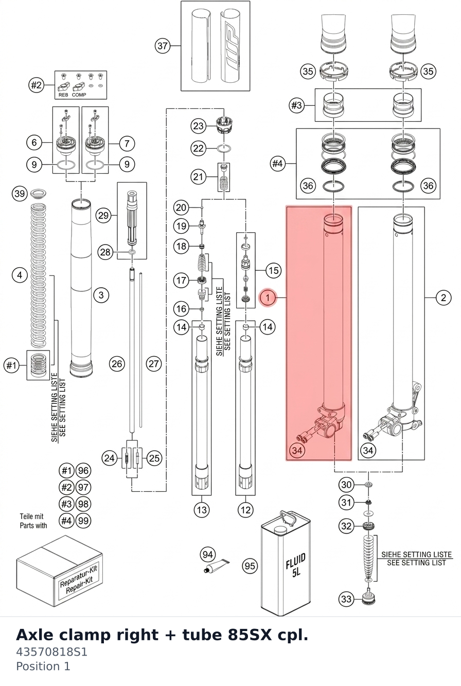 Diagram preview: Axle clamp right + tube 85SX cpl. (43570818S1)