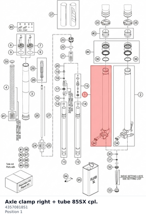 Diagram preview: Axle clamp right + tube 85SX cpl. (43570818S1)