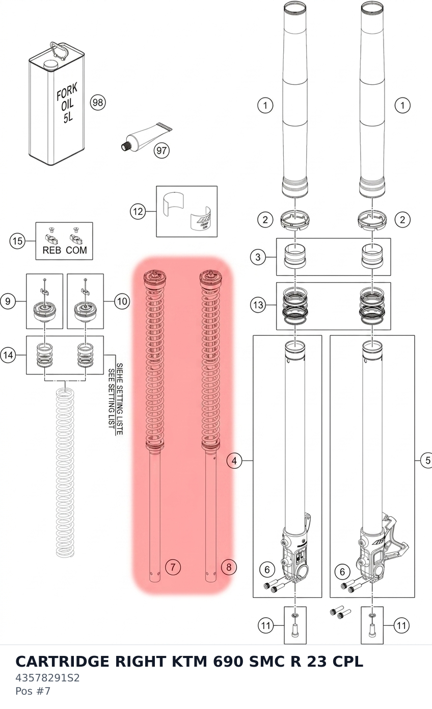 Diagram preview: CARTRIDGE RIGHT KTM 690 SMC R 23 CPL (43578291S2)