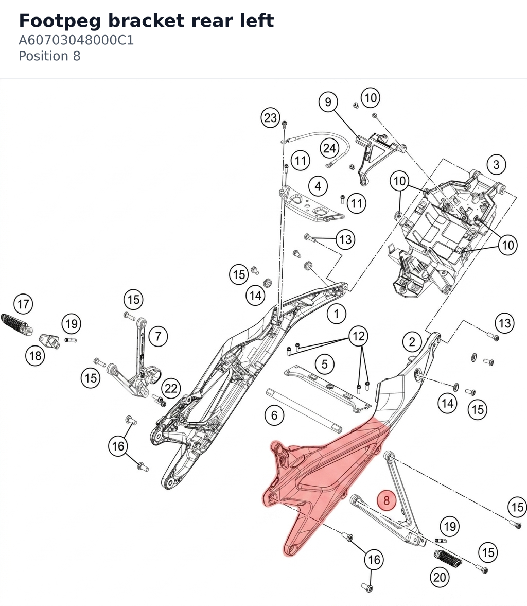 Diagram preview: Footpeg bracket rear left (A60703048000C1)