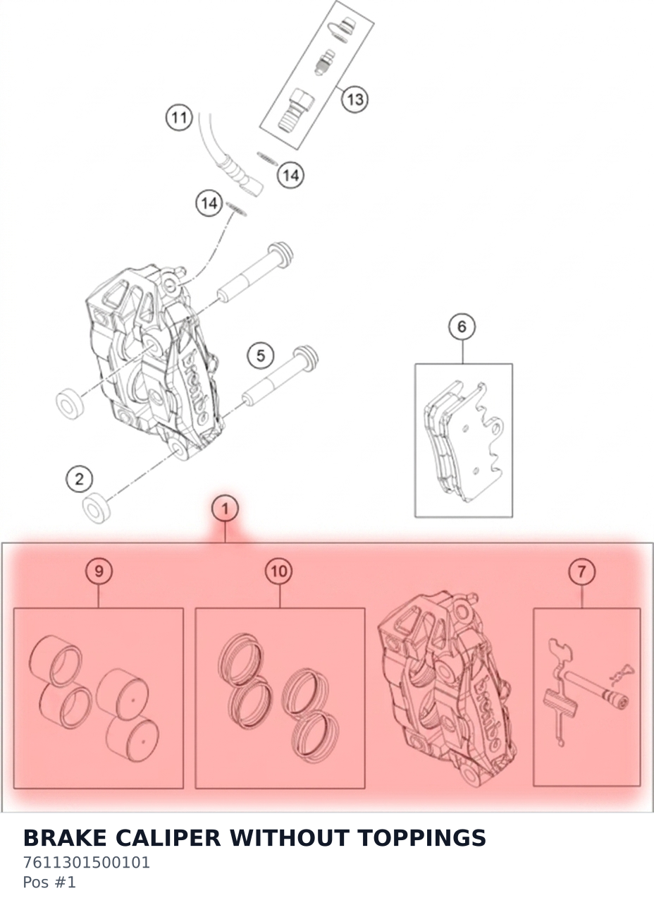 Diagram preview: BRAKE CALIPER WITHOUT TOPPINGS (7611301500101)